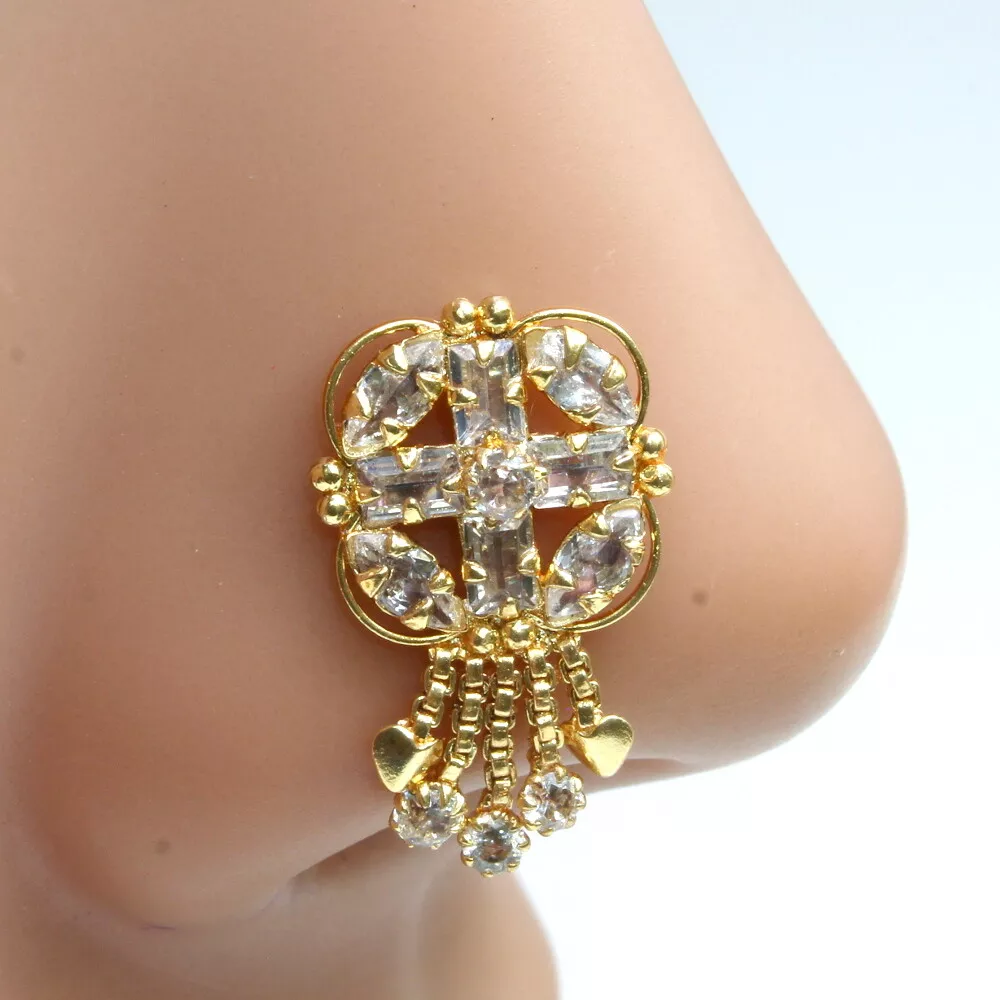 Statement Gold Plated Dangle Indian Nose ring White CZ Twisted