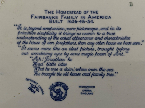 1904 Fairbanks family homestead first period house Dedham MA Wedgwood 1637 - Picture 3 of 3