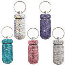 Rhinestone Pill Box Holder Metal Capsule Case Stash Bottle Keychain Top BLING