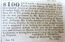 1836 Richmond VIRGINIA newspaper w RUNAWAY SLAVE REWARD AD fm Huntsville ALABAMA