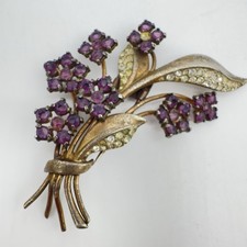 Vtg Signed Crown Trifari Sterling Dress Clip Royal Purple Rhinestone Flower Read
