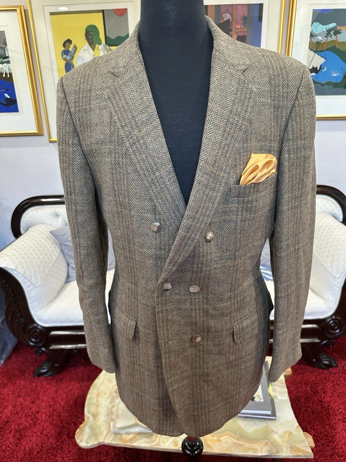 100% PURE WOOL, MEN'S LUXURY, HERRINGBONE, DOUBLE-BREASTED BLAZER Size: 40L
