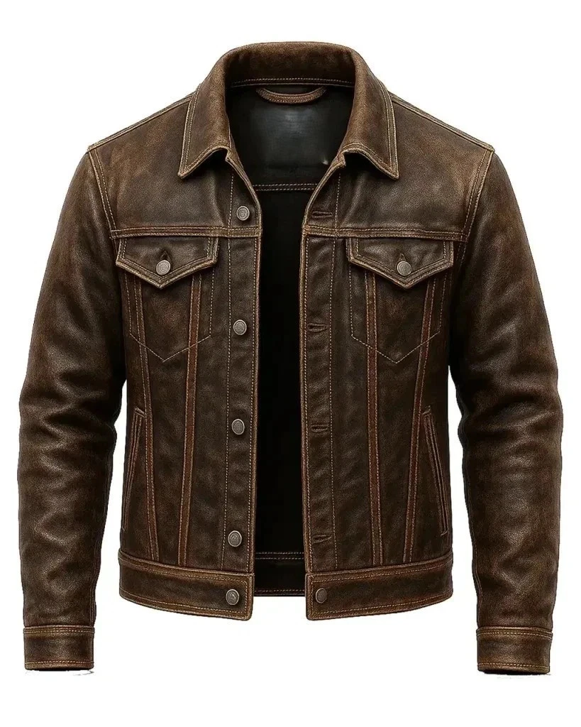 Men's Distressed Brown Leather Trucker Jacket Contrast Stitch Vintage Style Coat - product detail image 1