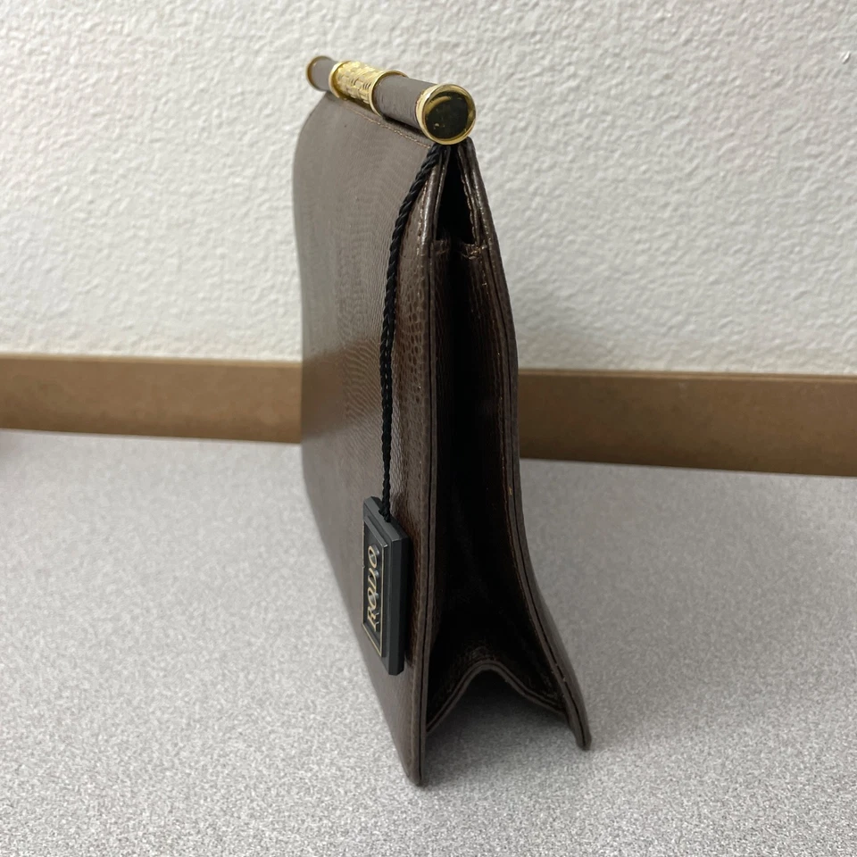 Vtg RODO Italy Leather Frame Handbag Clutch Brown Goldtone Embossed Lined - Image 4 of 4