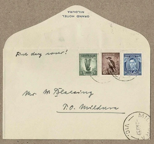Australia 1937  3d KGVI 6d Kookaburra 1s Lyrebird FDC GRAND HOTEL  MILDURA Cover