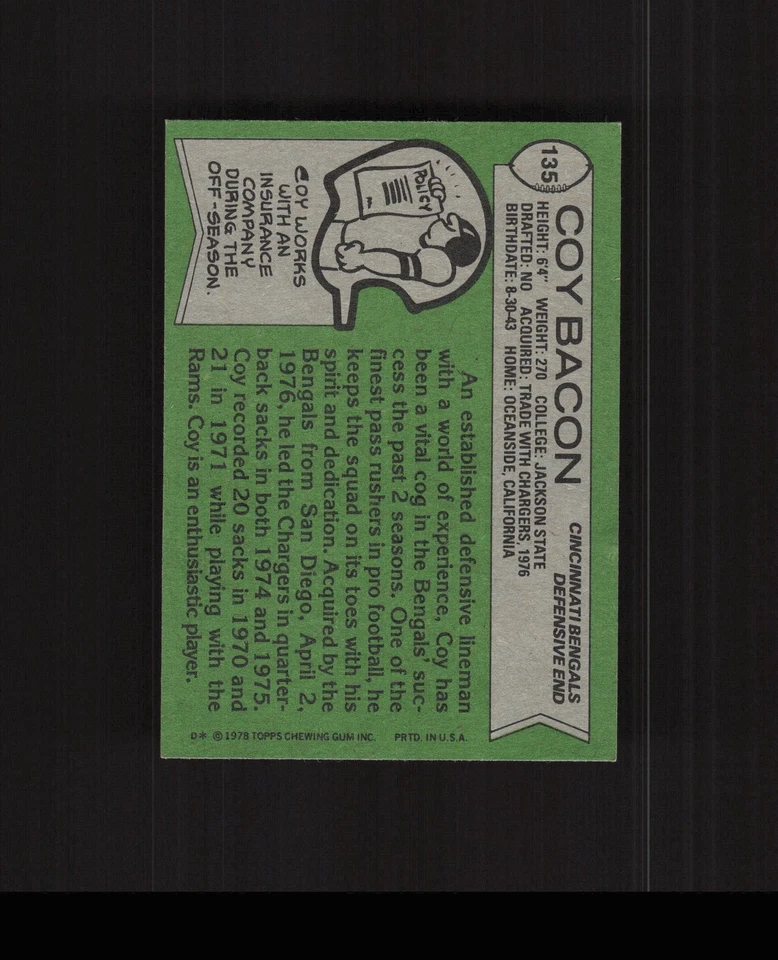 1978 Topps #135 Coy Bacon Football Card Cincinnati Bengals - Image 2 of 2