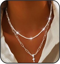 925 Sterling Silver Necklace for Women Dainty Layered Necklaces Silver Tiny Cros