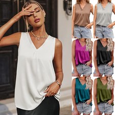 Women Summer Sleeveless Silk Satin Shirts Tops V-neck Blouse Cami Vest SIZE 8-22