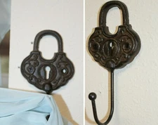 Folk Victorian Curtain Hold Backs Solid Cast Iron Keyhole Padlock Design, H-62