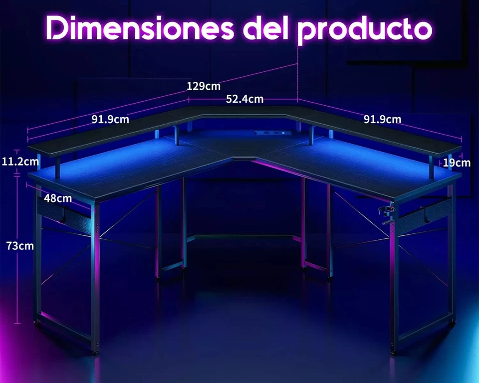 Gaming Schreibtisch Mit LED Gaming Tisch Mit 2 Steckdosen Und 2 USB Ladeanschluß - Bild 3 von 4