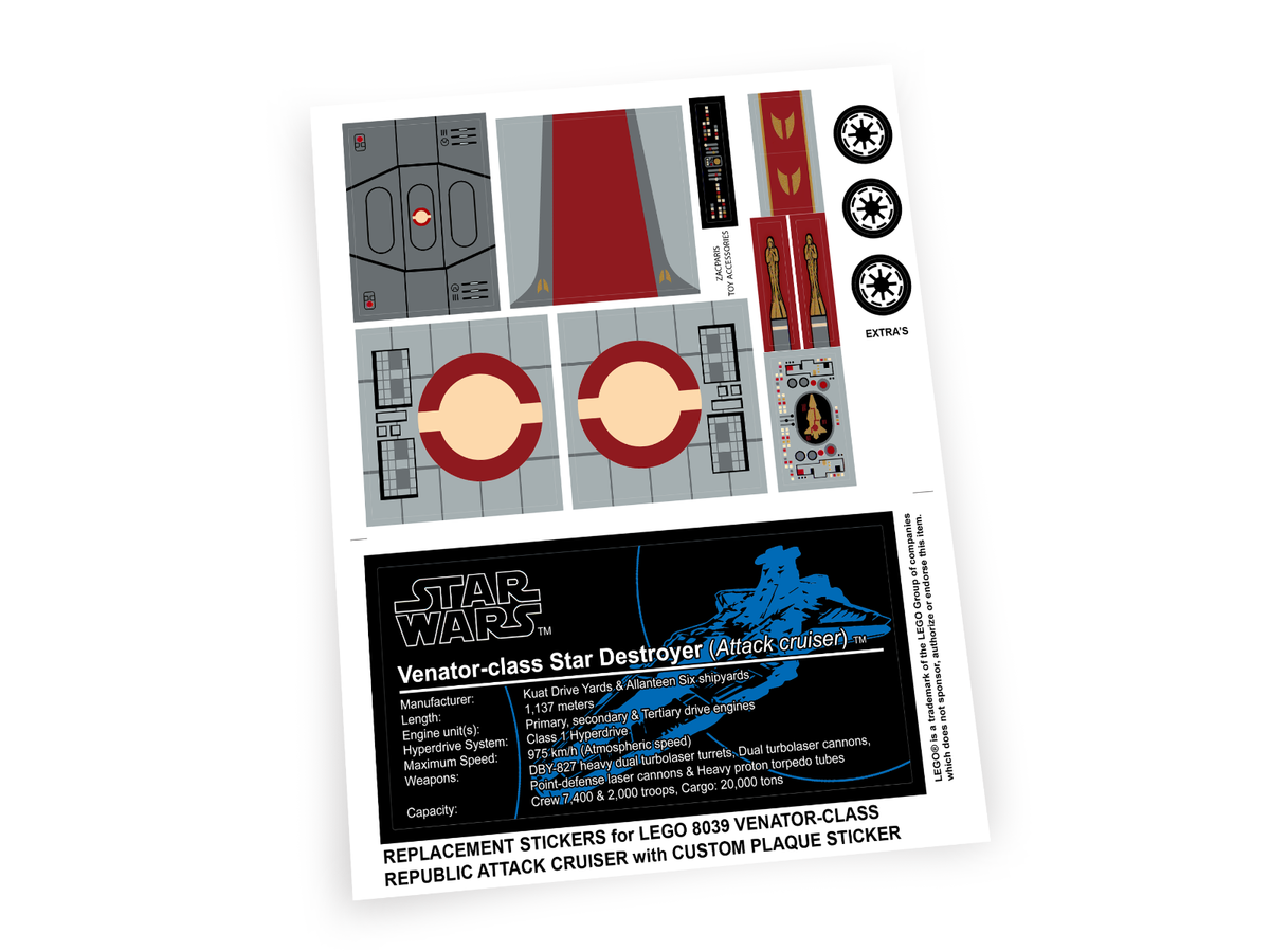 REPLACEMENT STICKERS for Set 8039 VENATOR-CLASS ATTACK CRUISER