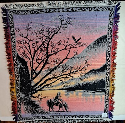 Vintage Crown Crafts Fringe Throw Blanket Made In USA Western Cowboy Horse  - Main Image