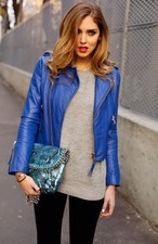 Women's Genuine Lambskin Leather Motorcycle Slim Fit Designer Blue Biker Jacket