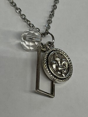 Fleur De Lis Round Charm Crystal Bead NECKLACE French 20  Stainless NEW