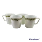 Pyrex Green Crazy Daisy Spring Blossom Milk Glass Coffee Mugs Cups Vintage Set/4