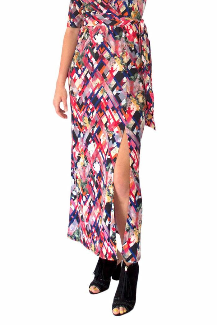 Pink Multicolour Maxi Midi Party Dress V Neck Short Sleeve Side Split