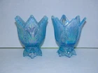 Fenton Tulip Leaf Two Way Votive Taper Candle Holder Misty Blue Iridescent Qty 2