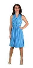 Vintage Pinstripe Button Up Sleeveless Shift Dress Blue Small