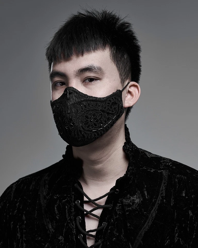 Punk Rave Mens Womens Gothic Steampunk Face Cover Mask Black Beaded Lace Cross - Image 3 of 4