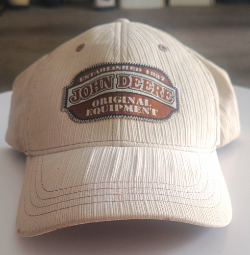 Vtg John Deere hat cream wavy fabric k-products buckle strap brown patch 1837