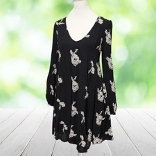 FREE PEOPLE Embroidered Dress Black Floral Emma Mini Swing Open Back Pockets S