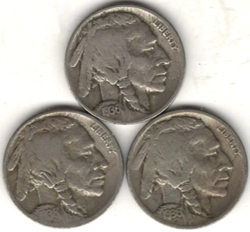 1936 PDS Buffalo Nickels in VERY GOOD condition ~ ALL THREE ~ SEE THE SCAN  119