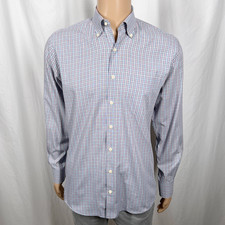 Peter Millar Men's Medium Blue Red Plaid Cotton Long Sleeve Button-Up Shirt
