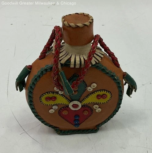 Vintage Leather Wrapped Canteen With Colorful Floral And Heart Appliques
