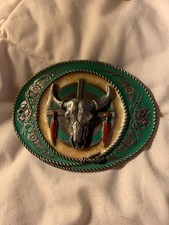 Buffalo Skull Feathers Floral Enamel Pewter Metal Belt Buckle Siskiyou 1991 B3
