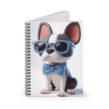 Spiral Notebook Ruled Line Claymation 3D Boston Terrier in Blue Bowtie Design 1