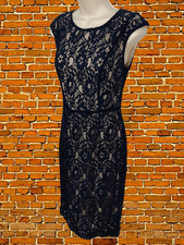 WOMENS FRENCH CONNECTION LACE SHEATH DRESS SIZE UK 10 NAVY BLUE KNEE MIDI LENGTH