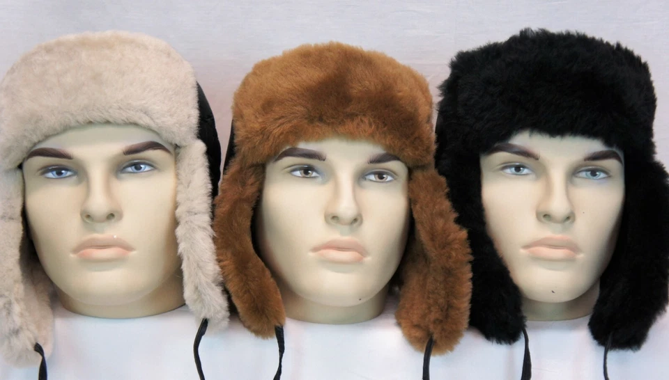 Peau de Mouton Véritable Cuir Hiver Trappeur Ouchanka Chasse Fourrure Chapeau - Photo 3/4