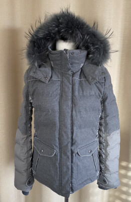 Milestone warme Winter Daunen Jacke Daunenjacke grau Kapuze echt Pelz Größe 40