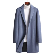 Men's Wool Blend Mid Length Trench Coat Slim Fit Thickened Formal Fashion Chic