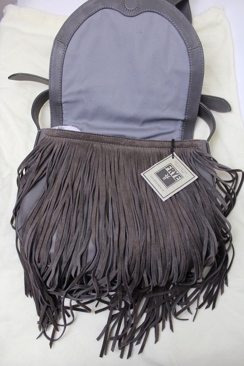 NWT Frye Ray Fringe Saddlebag Suede/Leather Crossbody Bag Charcoal  DB422*