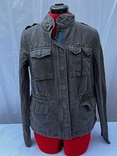 Free People Womens Linen Jacket Gray Military Pockets Zipper Snaps Size 6 Medium