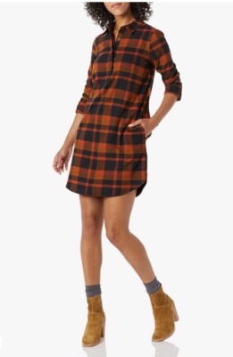 Goodthreads Women M Brushed Flannel Long-Sleeve Relaxed-Fit Popover Shirt Dress