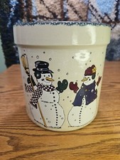Casey Pottery Snowmen Crock 6.25in Hand Made In USA 1998 Marshall, TX Micro/Oven