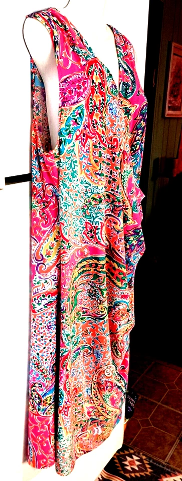 RALPH LAUREN PAISLEY FLORAL SLEEVELESS RUCHED FAUX WRAP SURPLICE DRESS SIZE 2X - Image 3 of 4