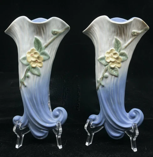 Two Matching Weller Art Pottery Blue Dogwood Wall Pockets