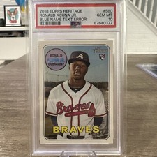 2018 Ronald Acuna Jr Topps Heritage Blue Name Text Error SSP Rookie Card PSA 10