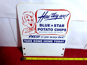 8 x 9 in BLUE STAR POTATO CHIPS ADVERTISING SIGN HEAVY DIE CUT METAL - Z 432 D