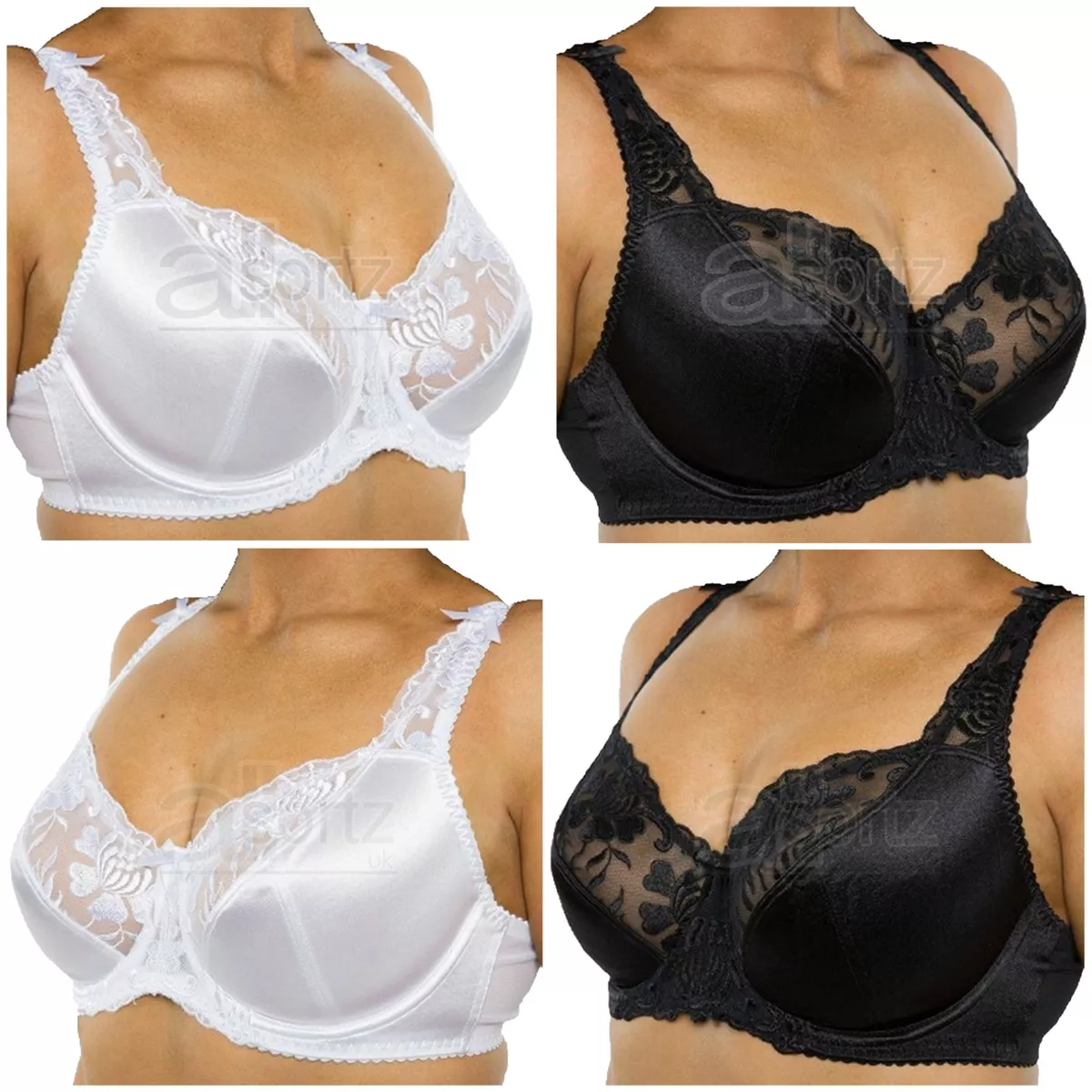 Ladies 2 Satin Bras 1 White 1 Black Plus Size Underwired Large Bust Strong  Firm