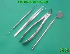  4 PC BASIC DENTAL EXTRACTING FORCEPS #8 COLLEGE PLIERS PROBE MIRROR #5 SET 