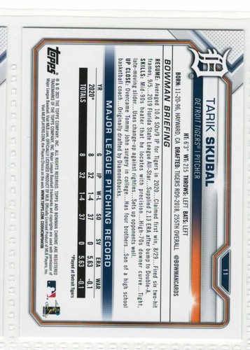 2021 Bowman Baseball #11 Tarik Skubal Rookie Card RC - Picture 2 of 2