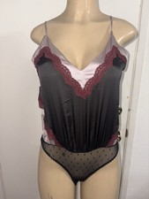 Free People Intimately Wish Me Luck Satin Lace Bodysuit Sheer Thong Bottom