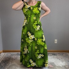 Vintage Royal Hawaiian Green Tropical Tiki Floral Barkcloth Maxi Dress Size XS/S
