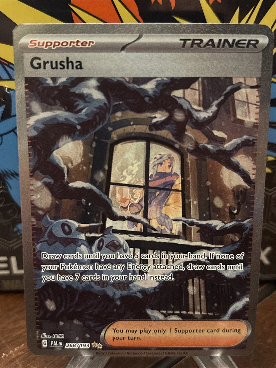 268 193 pokemon card Grusha 268/193 Paldea Evolved SIR (#001) draw cards until you have 7 cards in your hand instead.You may play only 1 Supporter card during your turn. Pokemon Grusha 268/193 — KadOone