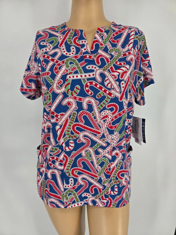 Womens Scrub Top Butter-Soft UA Polyester Stretch Christmas Candy Canes  Holiday - Image 3 of 4