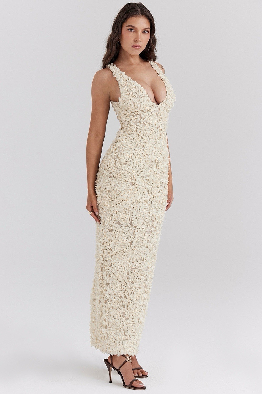 NWT House Of CB Carena Plunge Floral Appliqué Maxi Dress Bleached Sand Size S image 7